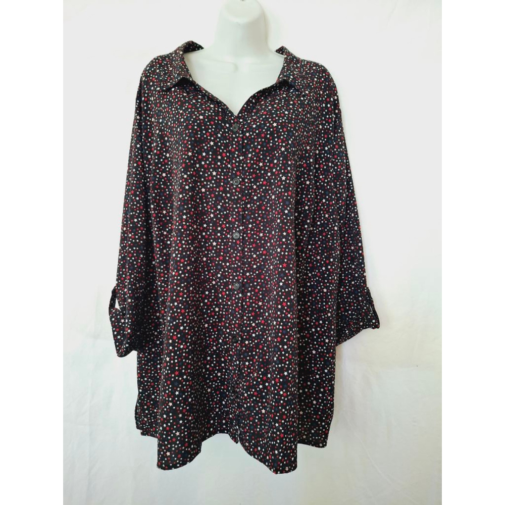 Catherines Button-Up 3X Black w/ppink red Stars Witchy whimsigoth secretary top